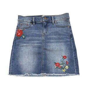 J Crew Floral Embroidered Denim Mini Skirt Raw Hem Fringe Size 2 Boho Y2K